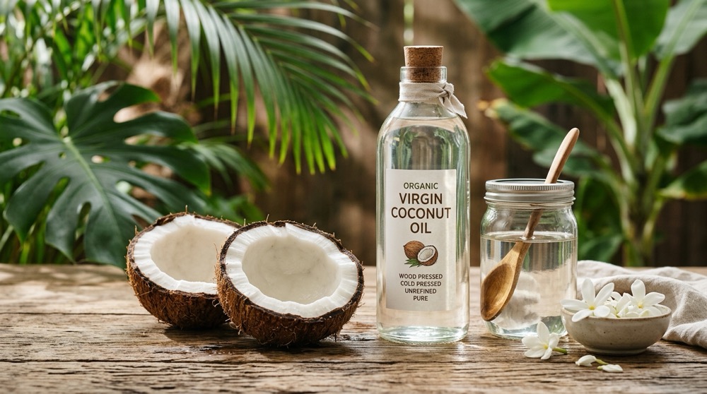 Raw edible wood pressed virgin coconut oil bottle with fresh cracked coconut - Dadi Ka Khajana