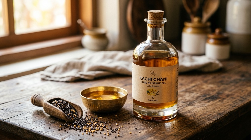 Pure cold pressed kachi ghani mustard oil bottle with raw mustard seeds - Dadi Ka Khajana