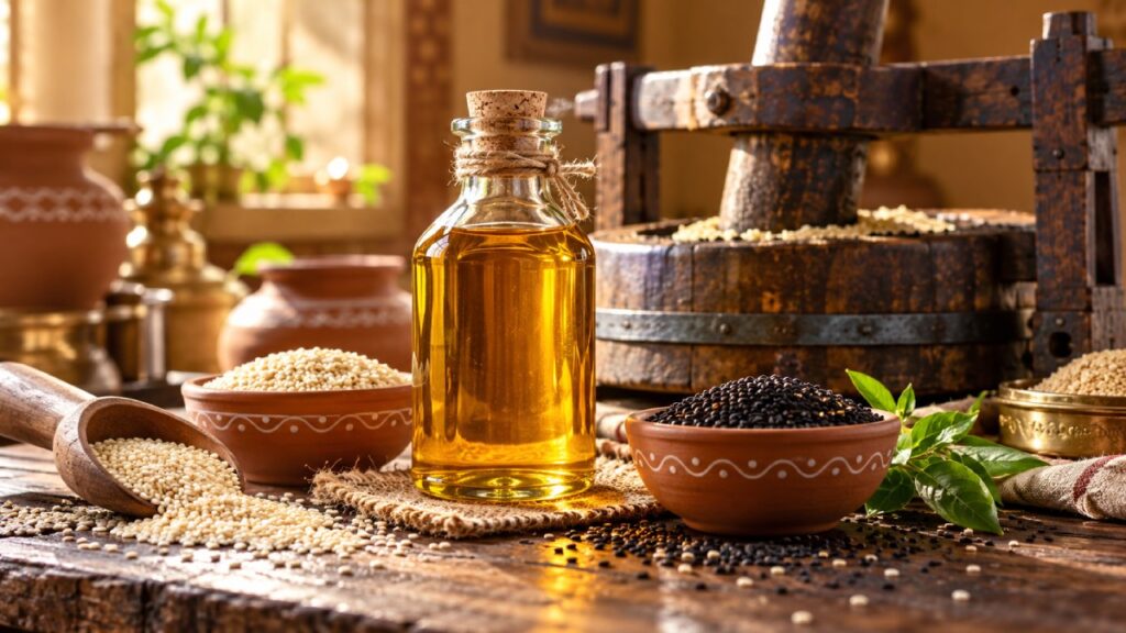 Pure cold pressed sesame oil in traditional glass bottle extracted via wooden ghani - Dadi Ka Khajana