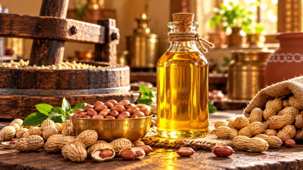 Traditional wooden cold pressed groundnut oil in glass bottle with golden peanuts - Dadi Ka Khajana