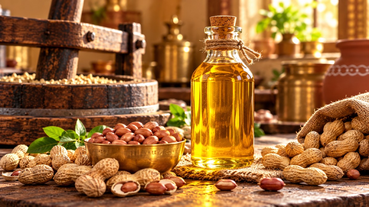 Traditional wooden cold pressed groundnut oil in glass bottle with golden peanuts - Dadi Ka Khajana